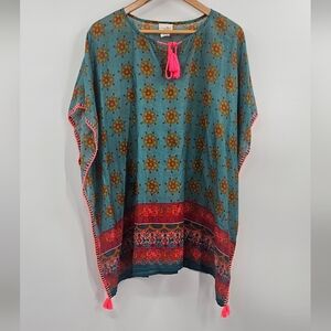 Natural Life Floral Print Swim Tunic Top - Teal and Red Size Small